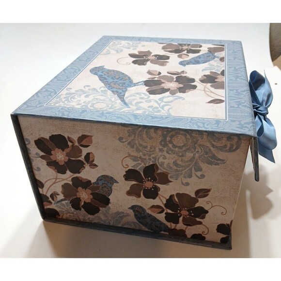 Decorative Gift Box Hook And Loop Closure Blue Bow Birds Florals Cottage - Picture 6 of 8